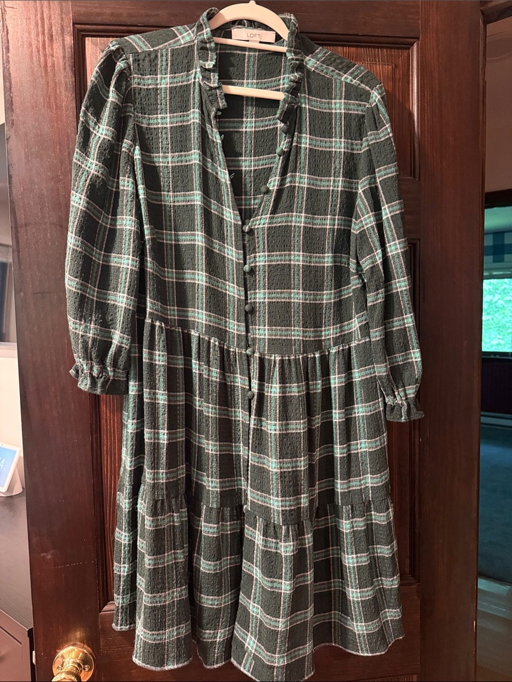 LOFT Green Plaid Button-Front Tiered Midi Dress
